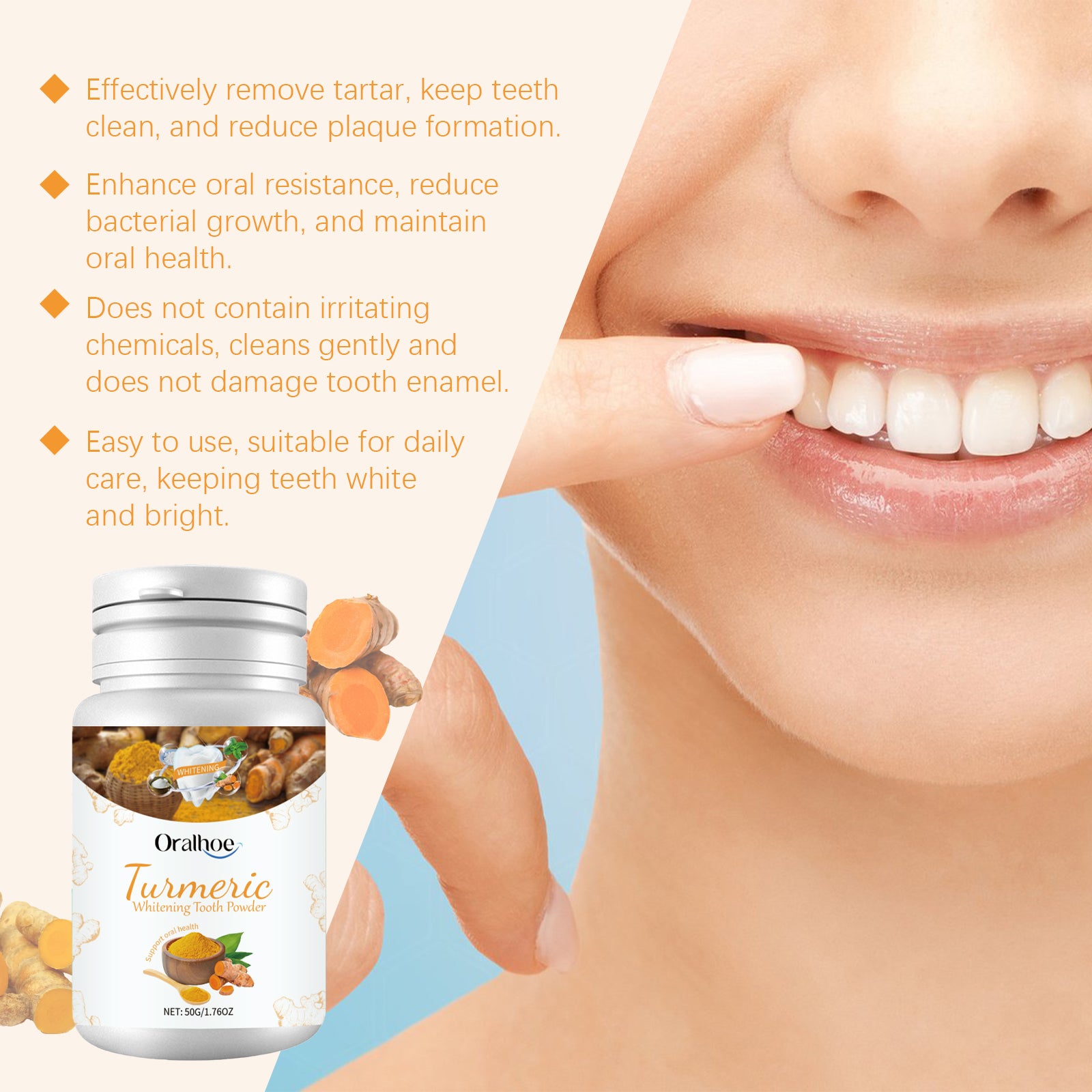Oralhoe White Turmeric Tooth Cleaning Powder Yellow Teeth 